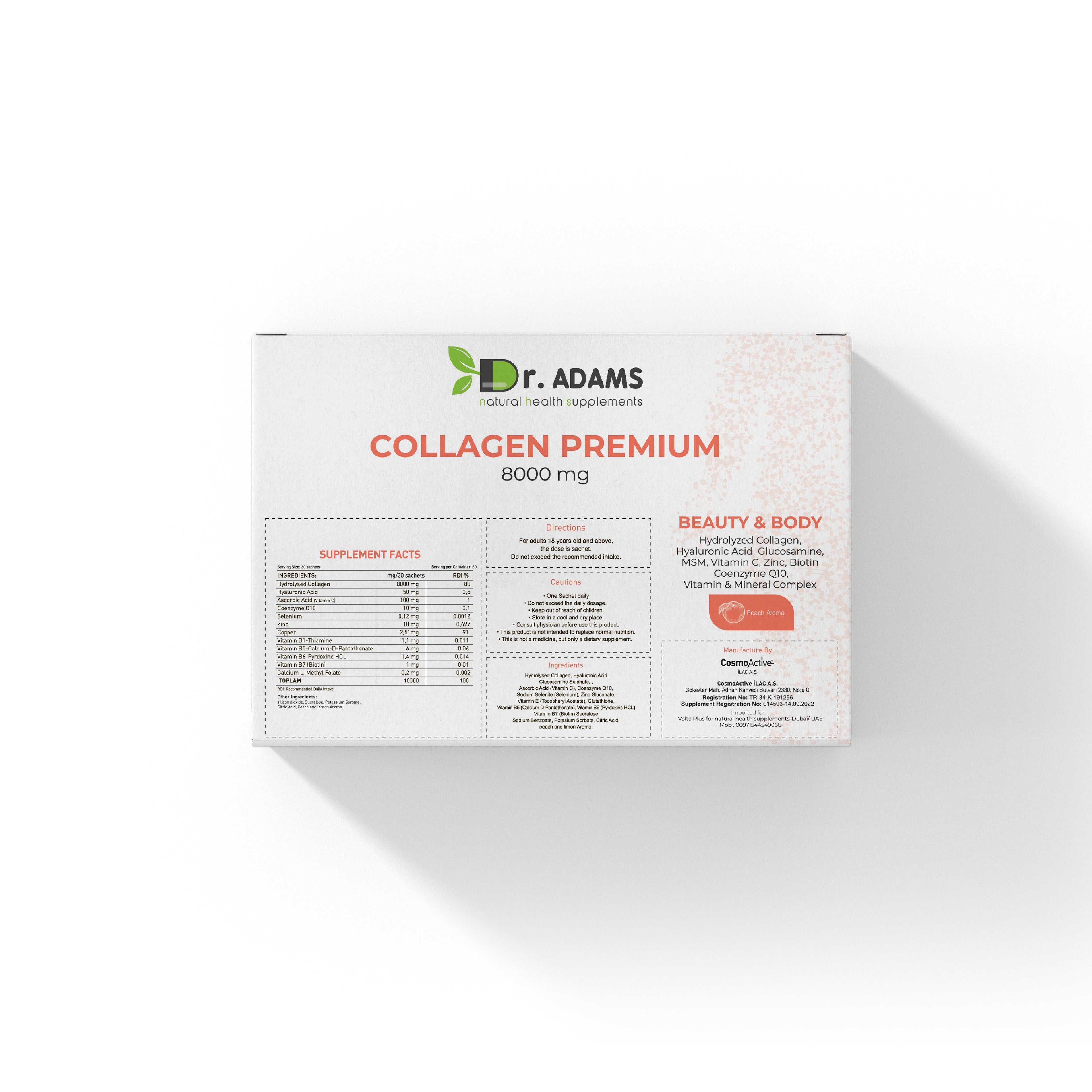 Dr. Adams Collagen Premium 8000mg – Beauty & Body Hydrolyzed Collagen with Hyaluronic Acid, Vitamin C & Biotin – 30 Sachets – Peach Aroma