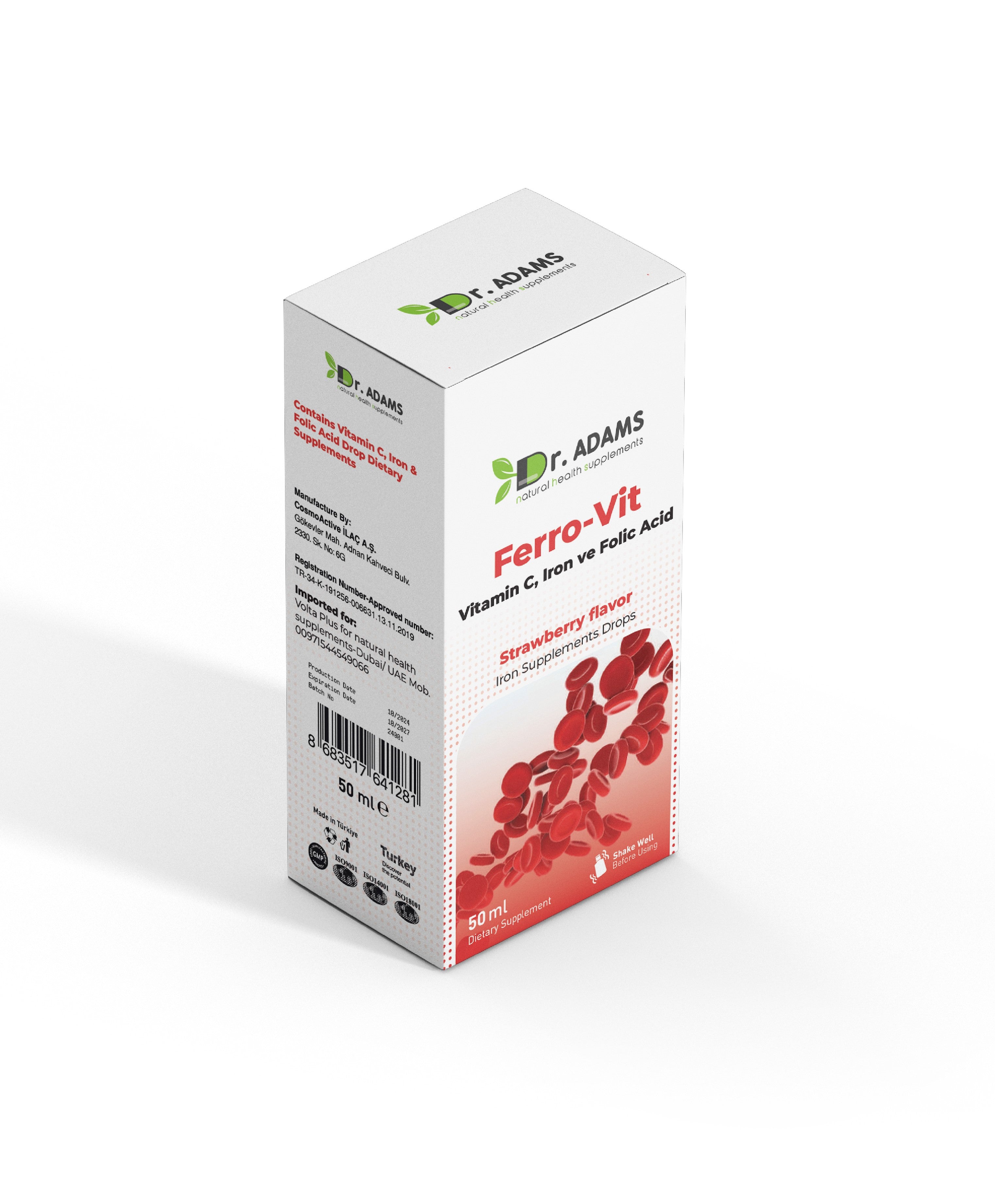 Dr. Adams Ferro-Vit Drops – Iron, Vitamin C & Folic Acid Supplement (50ml) – Strawberry Flavor