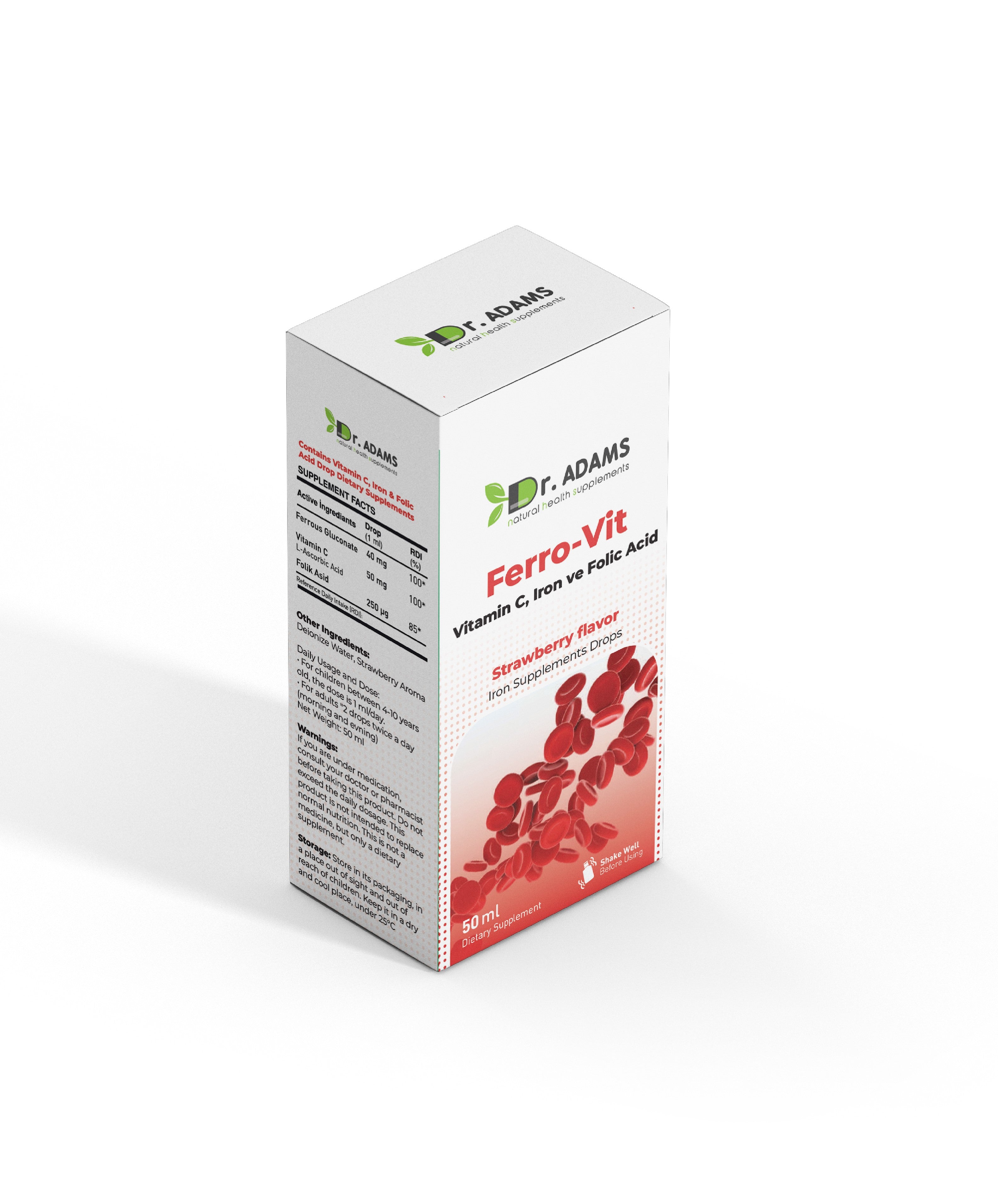 Dr. Adams Ferro-Vit Drops – Iron, Vitamin C & Folic Acid Supplement (50ml) – Strawberry Flavor
