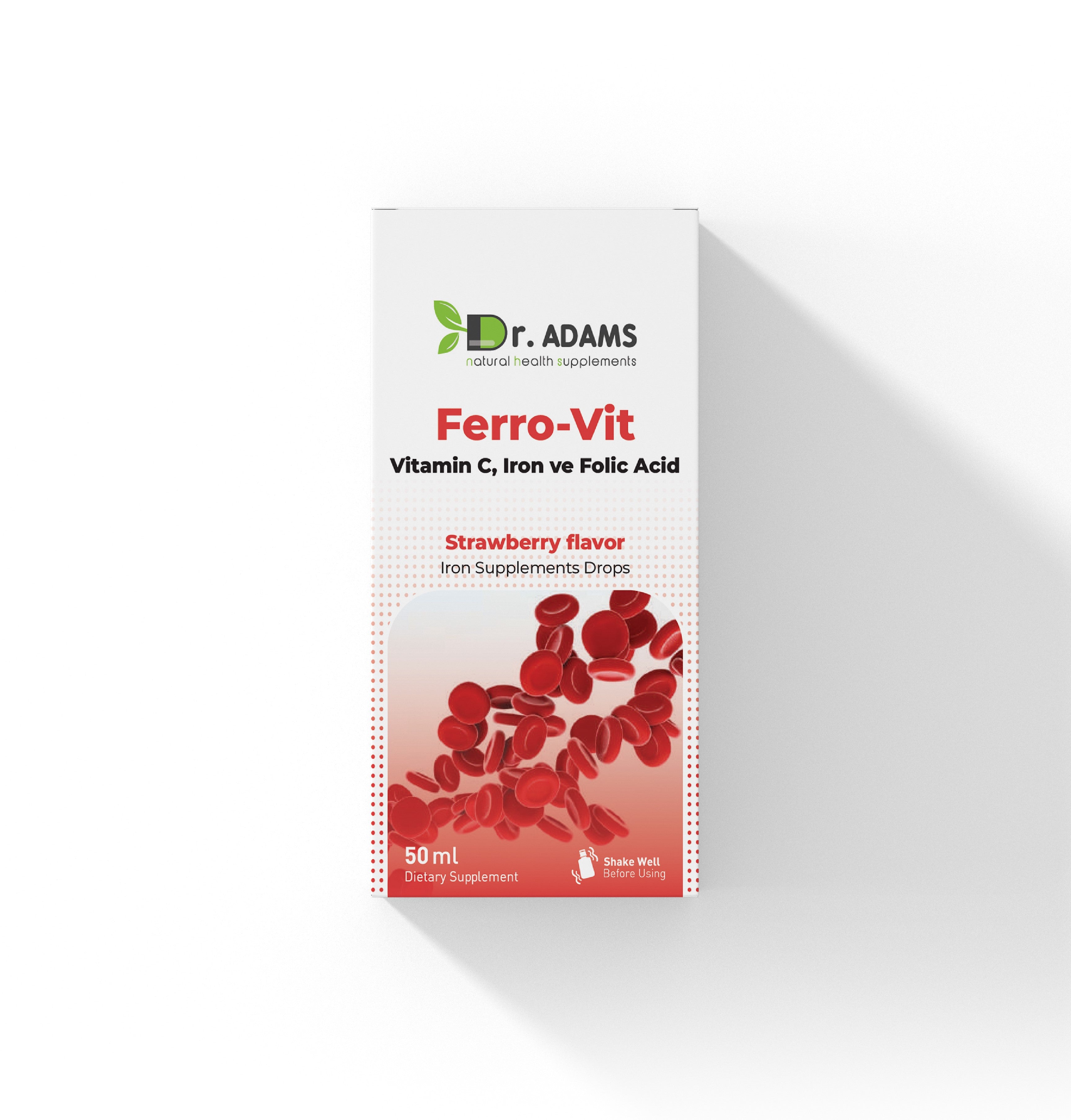 Dr. Adams Ferro-Vit Drops – Iron, Vitamin C & Folic Acid Supplement (50ml) – Strawberry Flavor