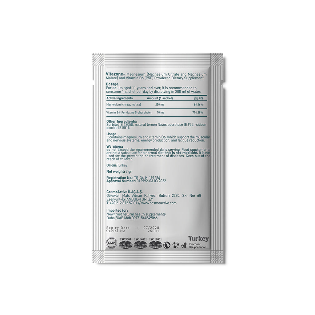 VITA ZONE Magnesium Supplement – Magnesium Citrate, Magnesium Malate & Vitamin B6 – 30 Sachets
