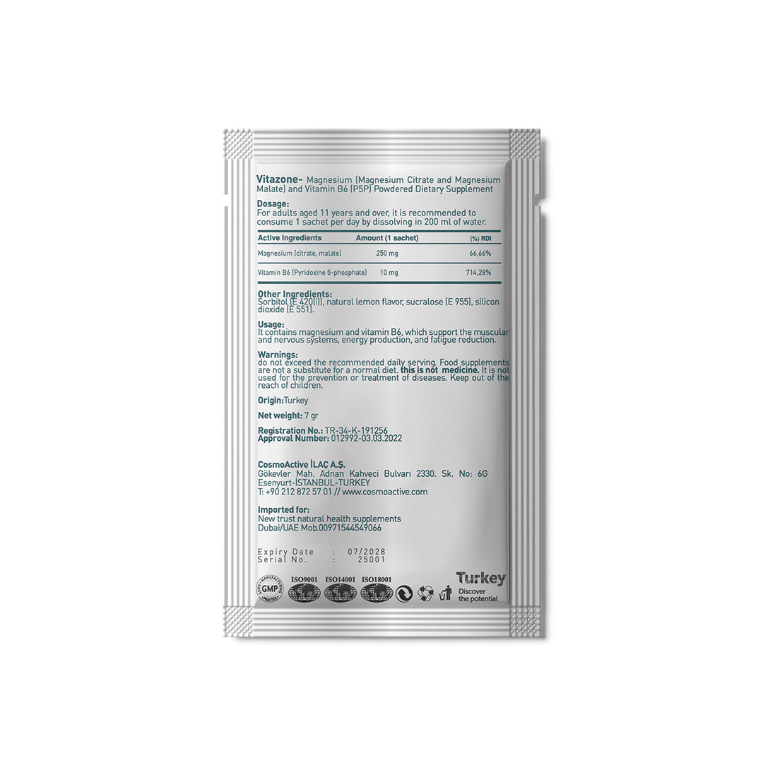 VITA ZONE Magnesium Supplement – Magnesium Citrate, Magnesium Malate & Vitamin B6 – 30 Sachets