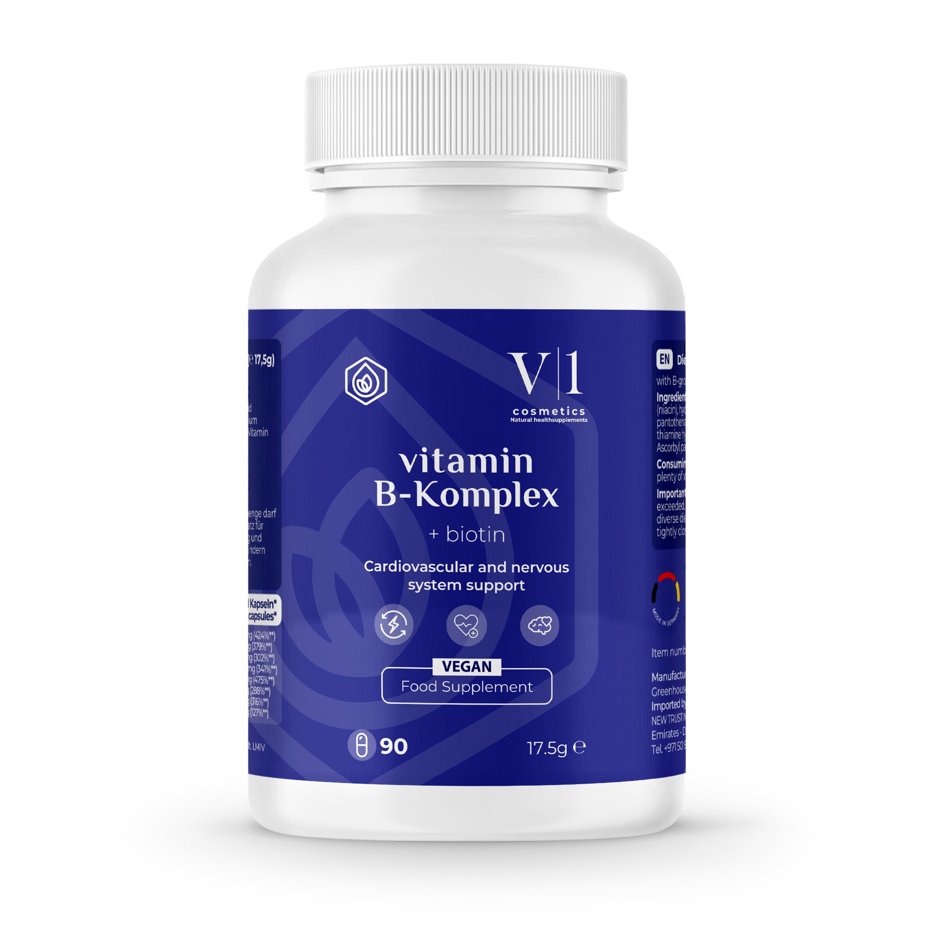 V1 Vitamin B-Komplex with Biotin supports the heart, nerves, and energy metabolism - 90 Vegan Capsules